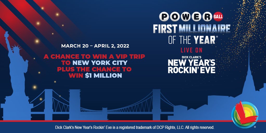 wilottery's tweet photo. Hey #WINsconsin, your NYE countdown has begun.

Mail in non-winning #Powerball tickets purchased between March 20 and April 2, 2022 for a chance to win a VIP trip to NYC and an additional chance to win $1 Million.

https://t.co/j4xo3hfqIt

#PowerballFMOTY23 https://t.co/0BDy4r8ttf