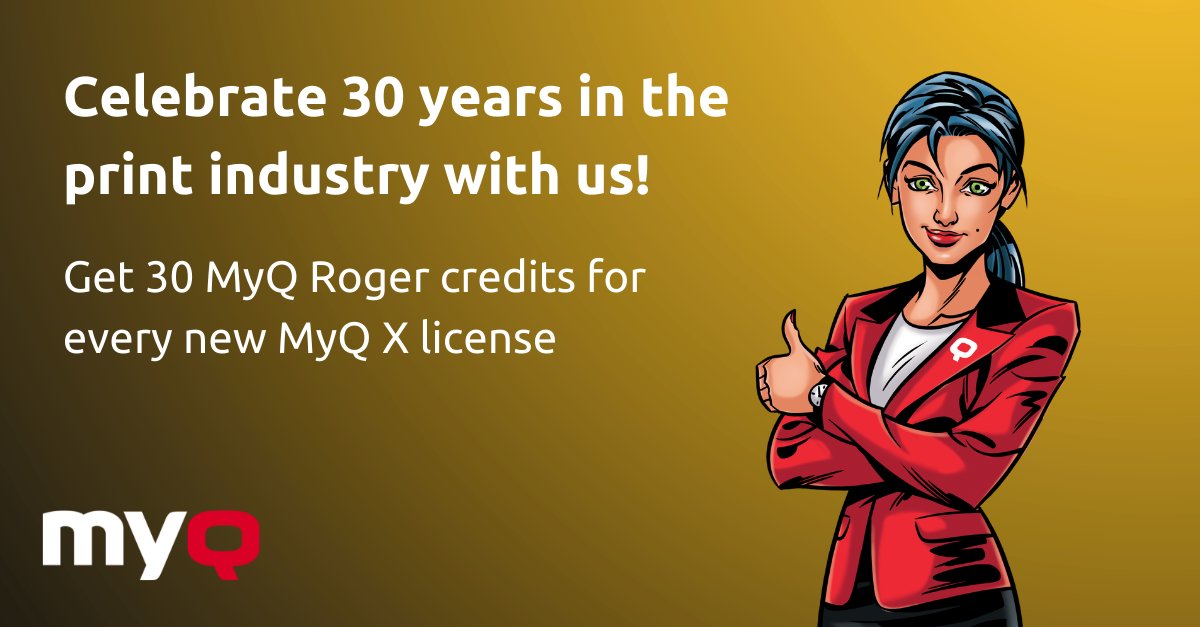 myqsolution's tweet photo. Week 3 of MyQ's 30th anniversary promotion is here! 🎈 MyQ gives all its partners 30 EUR/USD credits for MyQ Roger subscriptions for every new MyQ X license they purchase. 🎁

See more 👉 https://t.co/EtdZ1JqbwW  

#celebration #print #printindustry #MPS #myqsolution https://t.co/qc22yjExg1