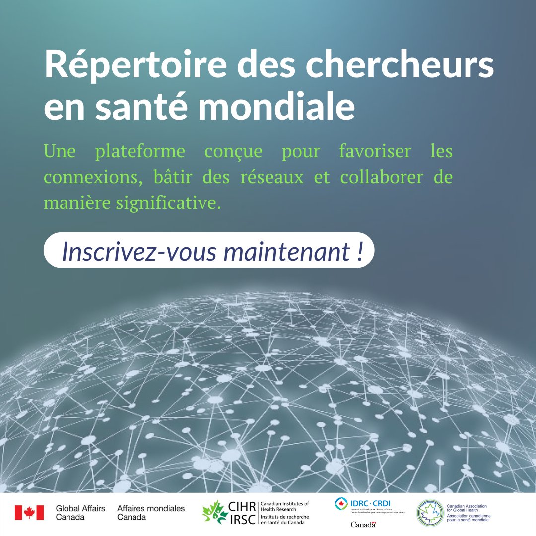 Vous souhaitez élargir votre réseau de chercheurs en #SantéMondiale travaillant dans des domaines d'expertise similaires et/ou dans le même lieu géographique que vous? Ce répertoire vous offre cette opportunité : bit.ly/3COan1O <a href="/AMC_corporatif/">Affaires mondiales Canada</a> <a href="/CIHR_IRSC/">CIHR</a> <a href="/CAGH_ACSM/">Can Global Health │ Santé mondiale Can</a>