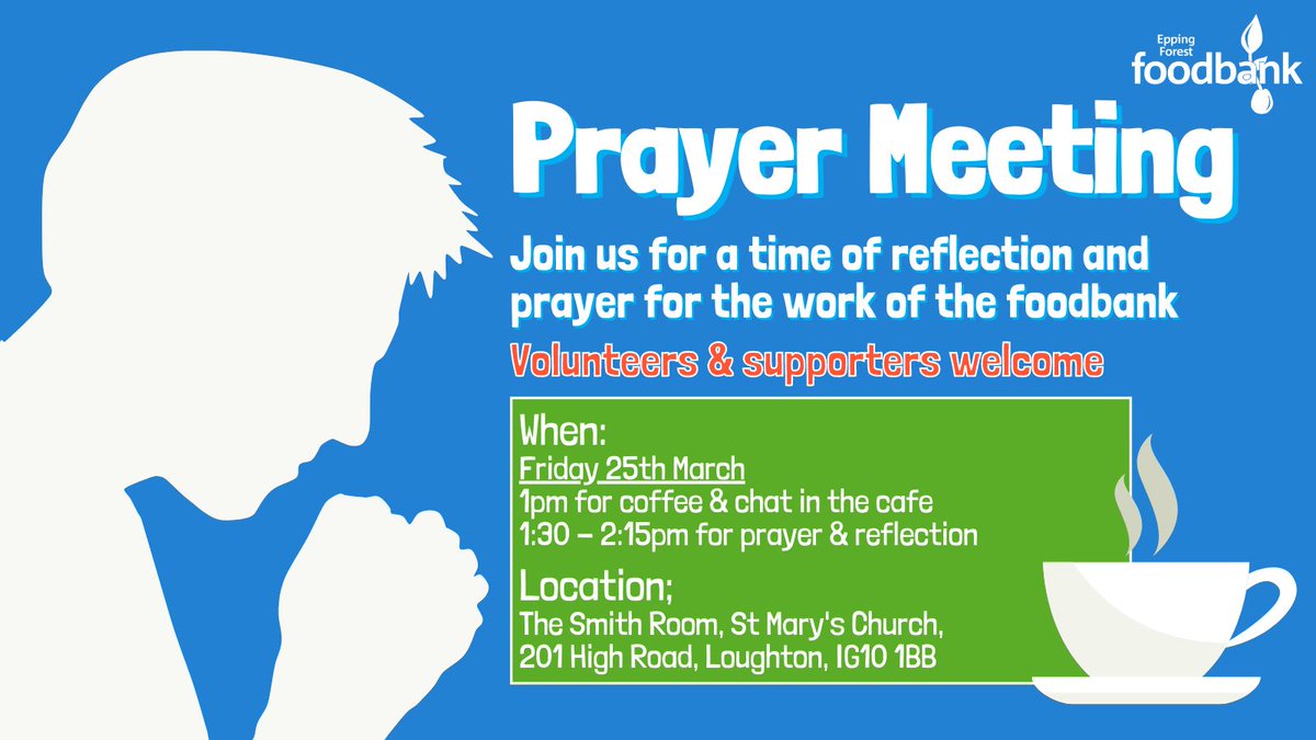 EppingForestFB's tweet photo. Our next prayer gathering will be held this Friday at @stmarysloughton. Join us for a time of reflection & prayer for the work of the foodbank.
Volunteers & supporters welcome.
#EppingForest #Foodbank #PrayerGathering #LightThroughTheTrees https://t.co/JwzJAtSnvx