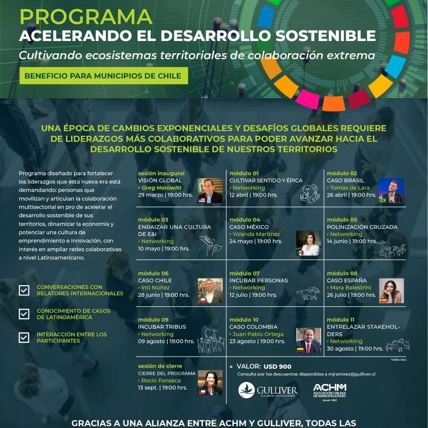 ⭕ La <a href="/AChMChile/">ACHM Asociación Chilena de Municipalidades</a> y <a href="/GulliverChile/">Gulliver</a> te invitan a participar en el Programa: Acelerando el Desarrollo Sostenible.

⏩ Participa ingresando en el 👇
Link para revisar los detalles del programa: gulliver.cl/programa-acele… 

🟥 Link de inscripción: gulliver.cl/programas