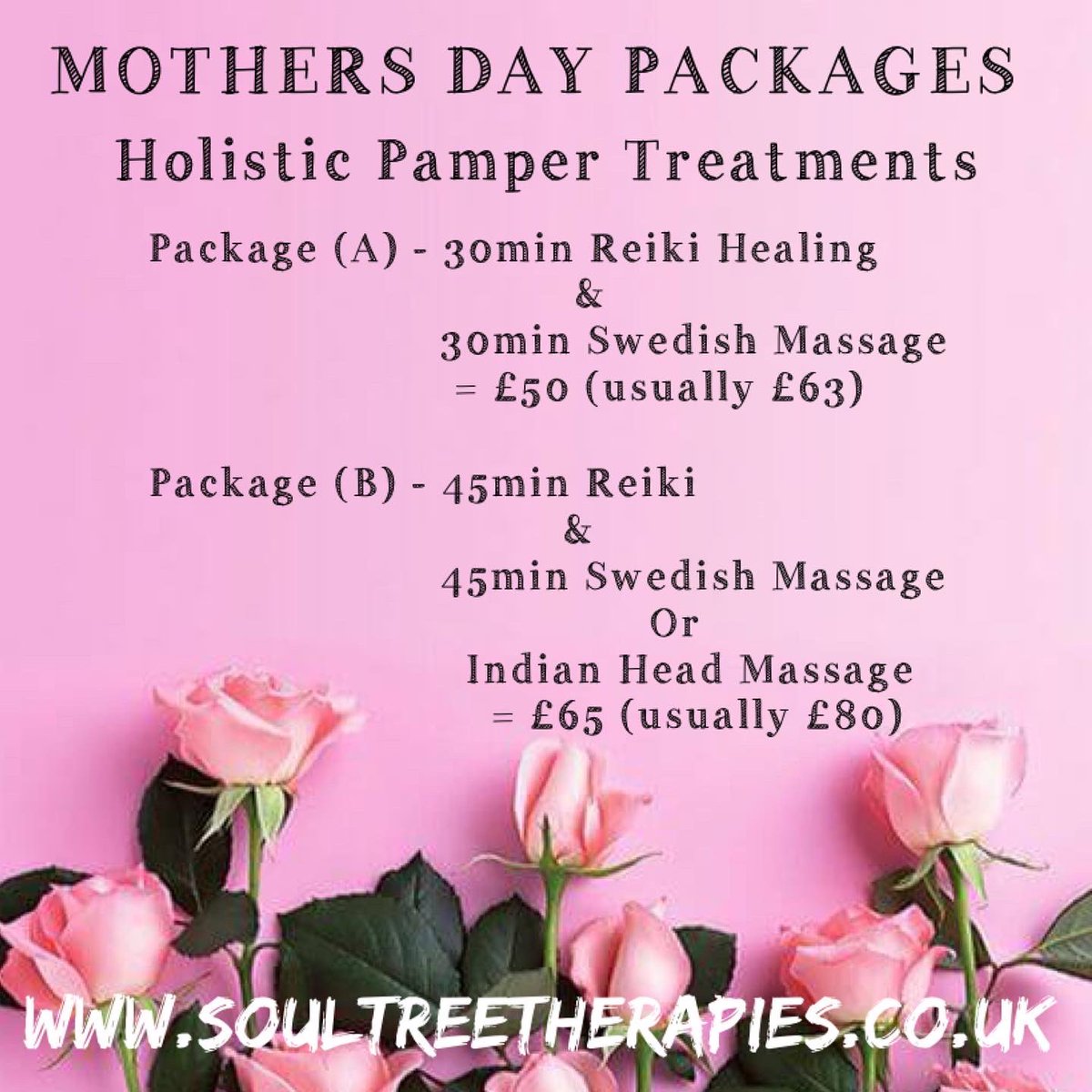 SoultreeT's tweet photo. 🌸NEED A MOTHER’S DAY GIFT IDEA?🌸
@SoultreeT has 2 x packages on offer &amp; you can also visit the website to buy an E-CERTIFICATE for any amount😁🙏🏼
Give the gift of holistic deep relaxation &amp; self-care to that special someone on Mother’s Day💐
Website-
https://t.co/VCXcM8P0Kf https://t.co/lOlF9M69oC