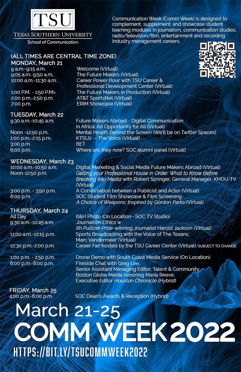 KTSU_2's tweet photo. School of Communication #CommWeek22 is here.  The week kicks off Monday, March 21 and continues through Friday, March 25.The theme is 
Future Makers: Communicating in the Digital Age. Follow us here and @TSUCOMMWEEK #KTSU2News #KTSU2 https://t.co/SSVemWkj77