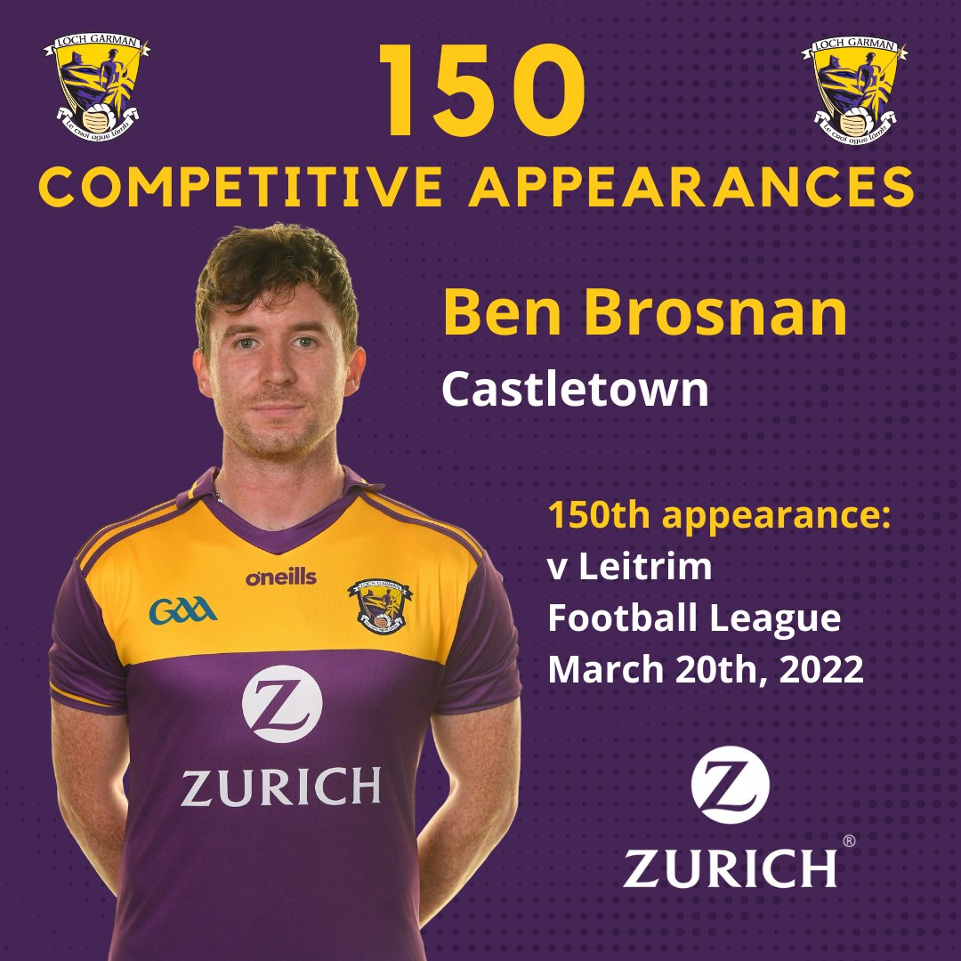 OfficialWexGAA's tweet photo. Congratulations to Ben Brosnan on making his 150th competitive appearance for Wexford senior footballers when coming off the bench against Leitrim yesterday. Fittingly, he marked the occasion with a score. Sincere thanks to Ben for such great service to football for so long. https://t.co/lXLhbO8qJq