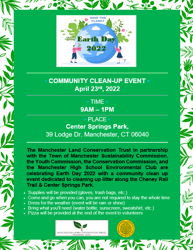 ManchesterCTown's tweet photo. Save the date for #ManchesterCT's Earth Day Clean Up Event happening April 23rd from  9-1PM at Center Springs Park 🌎

#earthday #cleanupevent #earthdaycleanup https://t.co/Dpym3rgHKR