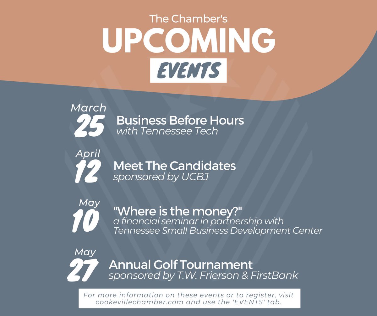 We've posted a lot of events in the past week so make sure you're staying up to date with our upcoming Chamber events! 

Remember, more information on these can be found at cookevillechamber.com using the 'EVENTS' tab!
