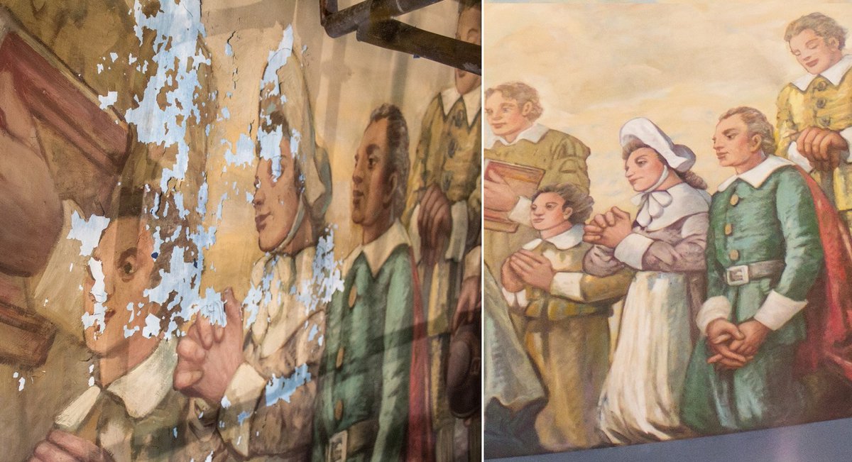 JohnCanningCo's tweet photo. Here is a before and after of the mural conservation for the Rhode Island State Capitol project shown in progress earlier.
#MuralMonday #StateCapitols #NationalLandmark #Conservation https://t.co/6UF22D2Huk