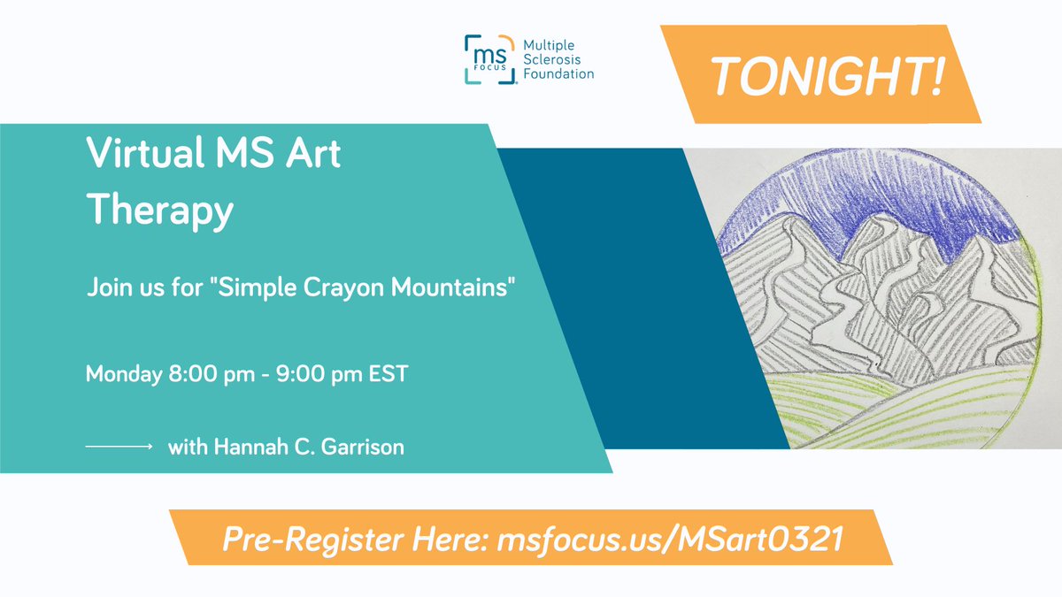 MS_Focus's tweet photo. Learn how to draw mountains and apply simple hatch marks to create some depth! At 8 pm EST, join artist Hannah Garrison for "Simple Crayon Mountains"!
Pre-register Here: https://t.co/aaGFE2CCi0.
#msfocus #msartist #mscommunity #mssupport #lifewithms #virtualartclass https://t.co/UoUBkem3T2