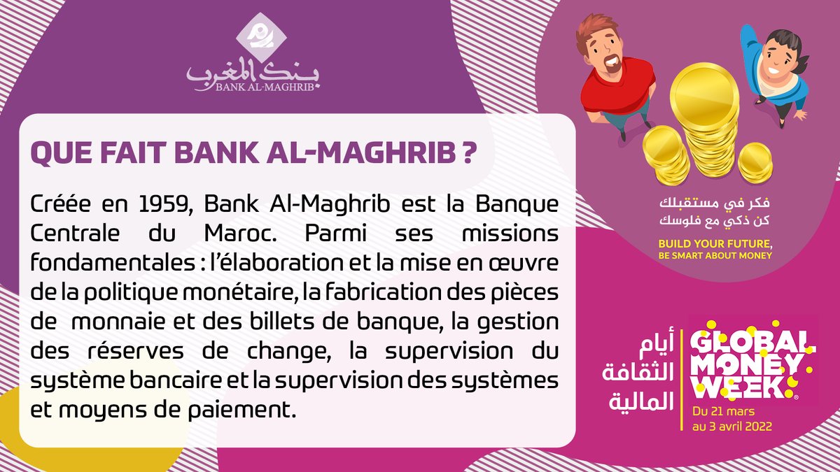 BankAlMaghrib's tweet photo. Bank Al-Maghrib participe à la semaine internationale de l’éducation financière « Global Money Week » du 21 au 3 avril. Une série de contenus didactiques sera diffusée en ligne quotidiennement. A suivre !
#GMWBuildYourFuture #GMWBeSmartAboutMoney #GMW2022 #fmef #Maroc https://t.co/7VGTo2Vanf