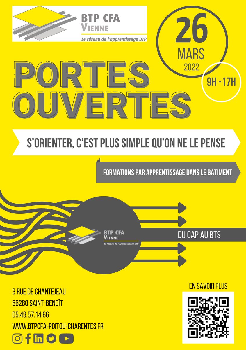 📣[#BTP CFA 86 - JOURNÉE #PORTESOUVERTES] ‼️
BTP CFA Vienne (86) vous ouvre, à son tour, ses portes le samedi 26 mars 2022 de 9h à 17h ! 😀
✅ Pour plus de renseignements : contactez le CFA au 05.49.57.14.66 
À samedi !😉