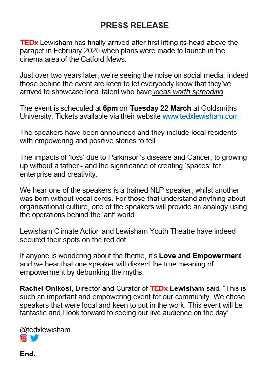 Press Release - <a href="/LewishamTedx/">TEDx Lewisham</a> 

We’re now busy sorting out last minute arrangements to ensure tomorrow is a smooth running, empowered and inspiration event 🌹

We’ll be back tomorrow with some live event posts.