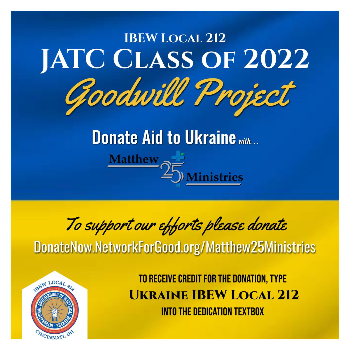 The <a href="/212JATC/">BeaUnionElectrician</a> Class of 2022 is collecting aid for Ukraine. Partnering with Matthew 25 Ministries. If you would like to help, Matthew 25 Ministries is collecting supplies in person, and you can always donate monetarily. donatenow.networkforgood.org/matthew25minis…
#ChangeTheWorld #M25M #IBEW
