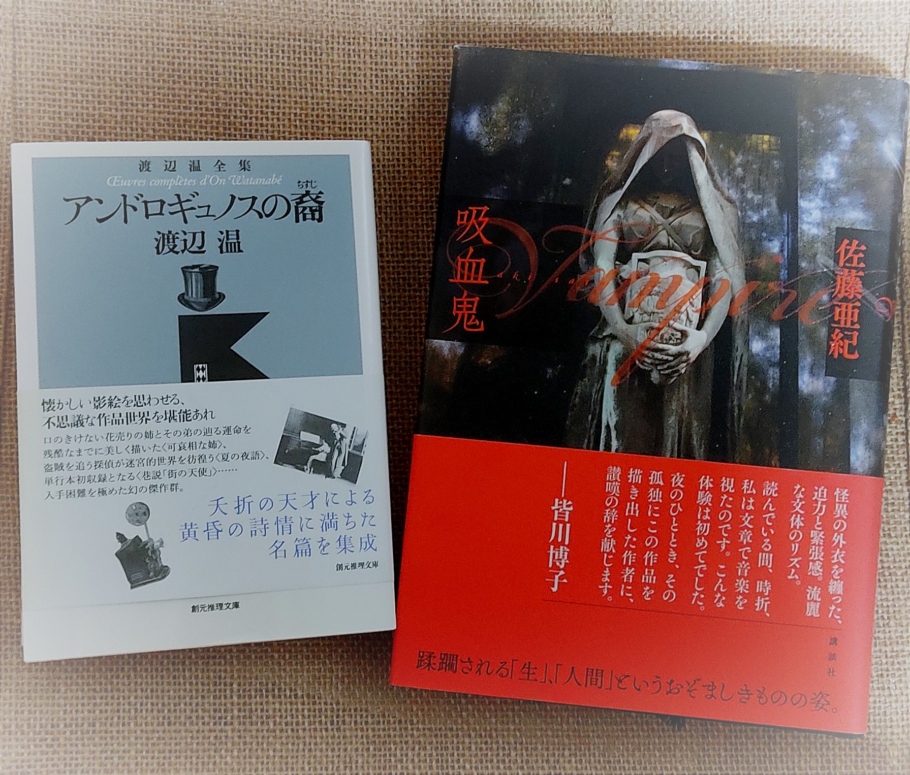 M C 古本市で厳選した二冊 アンドロギュノスの裔 渡辺 温 吸血鬼 佐藤 亜紀 横溝 正史の右腕で谷崎 潤一郎に見出された渡辺 温の全て 幻想 怪異 同郷の佐藤 亜紀 戦争の法 も待っているが 二冊とも装丁が凄く好き 今日買った 届いた本を
