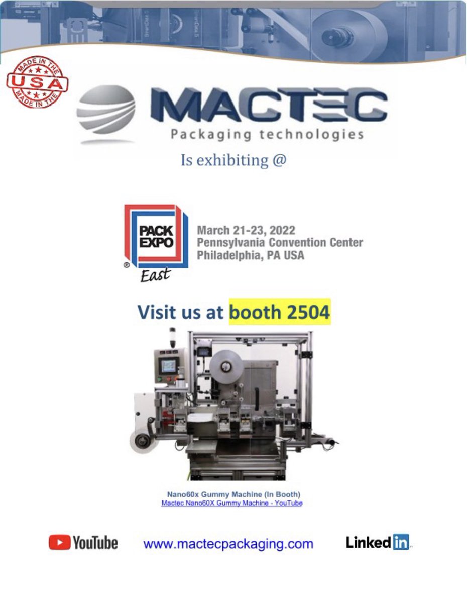 MactecPackaging's tweet photo. Looking for small footprint packaging machines to meet your blister, rotary or pouch packaging needs. Then stop by booth 2504 at @packexposhow March 21-23 in Philadelphia #packexpoeast https://t.co/4JZAXKTfGr