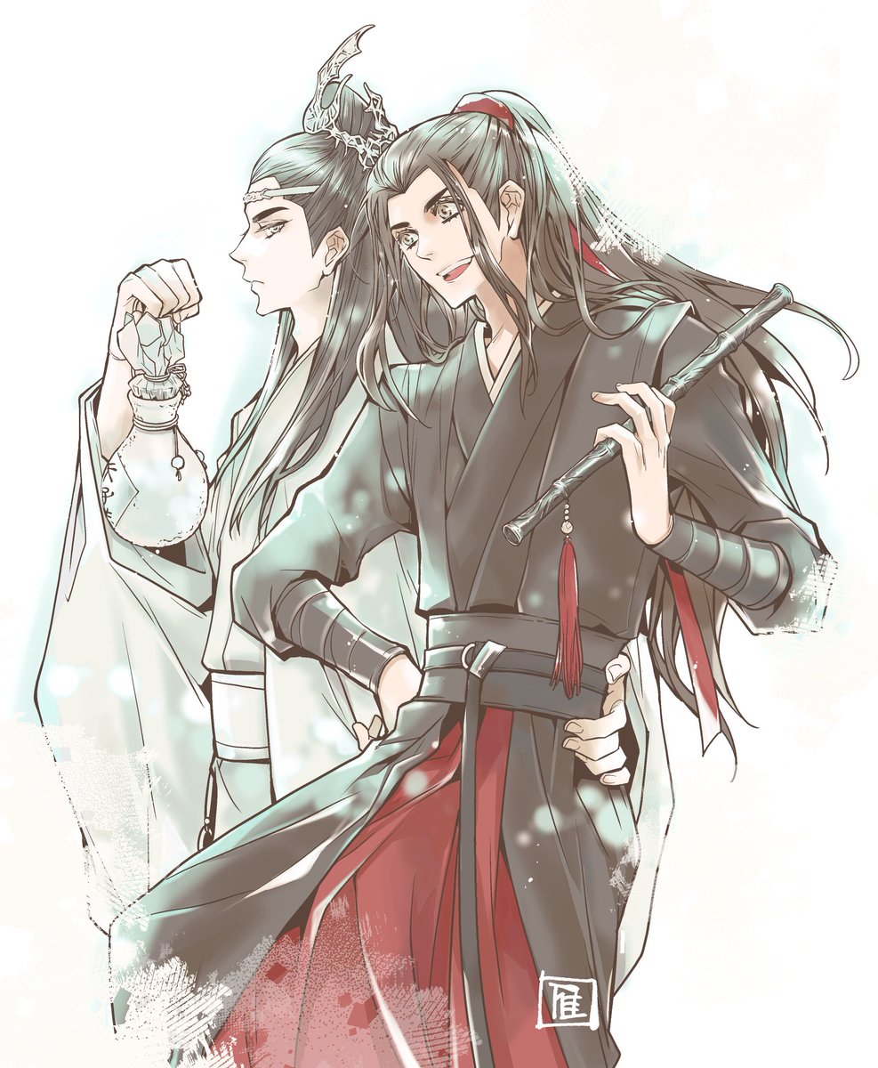2boys multiple boys long hair male focus chinese clothes instrument black hair  illustration images