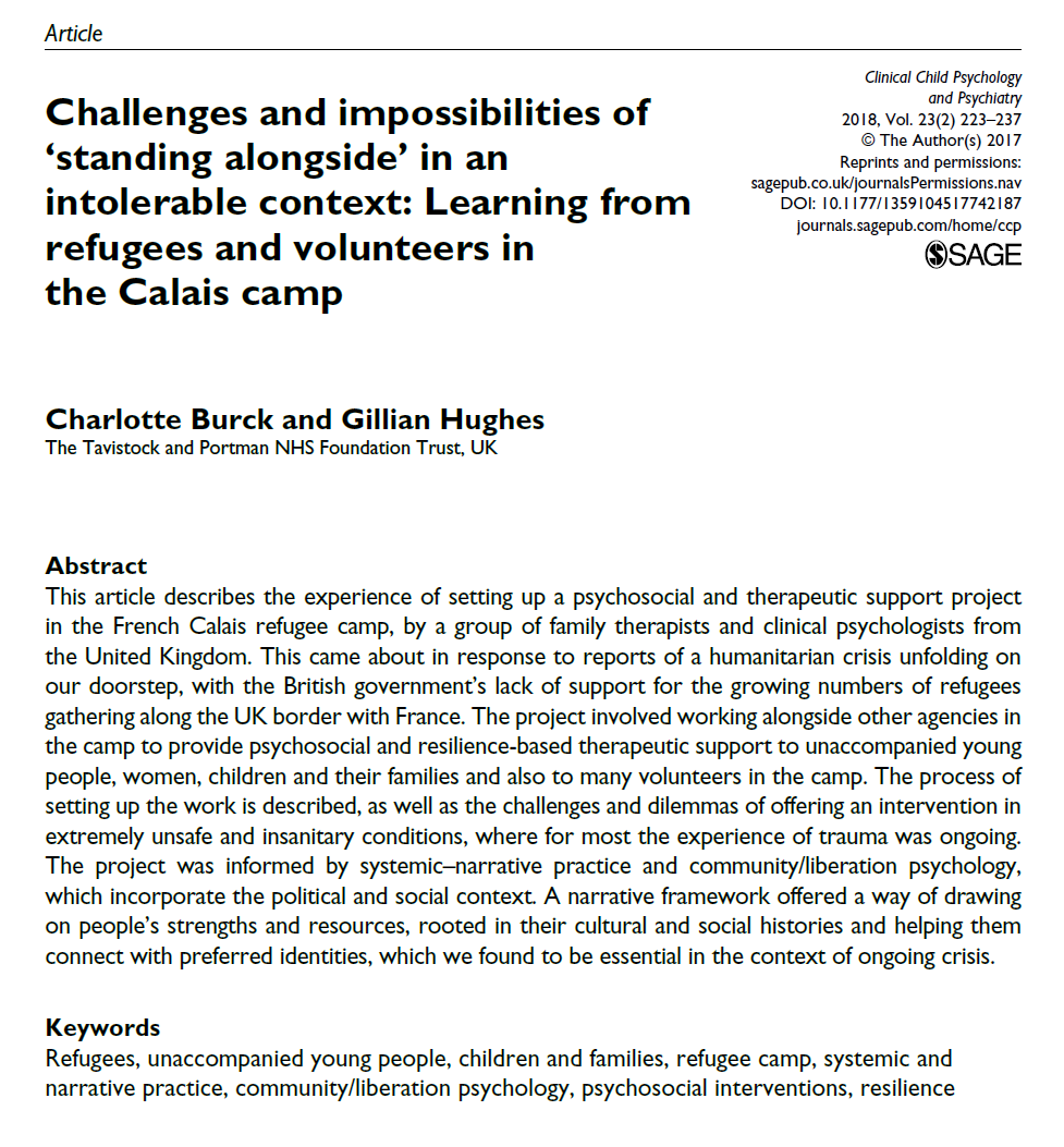 Challenges and impossibilities of ‘standing alongside’ in an intolerable context: Learning from refugees and volunteers in the Calais camp. Article by Burck & Hughes from @TaviAndPort from 2018. Read here: doi.org/10.1177/135910… #refugee #children #family