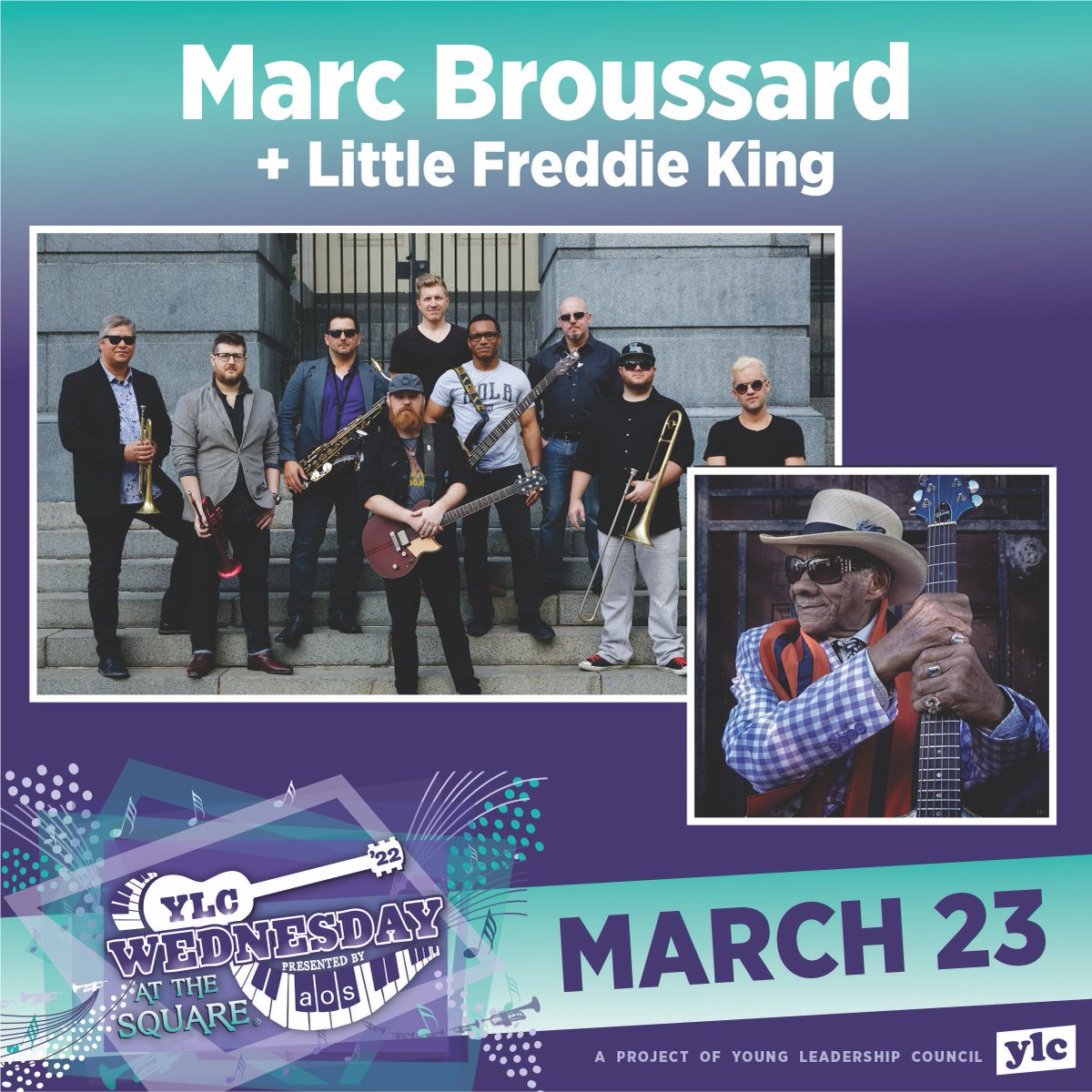 YLCWATS's tweet photo. Who's ready for week 2?! Don't miss #YLCWATS featuring @MarcBroussard + Little Freddie King 🎸 this Wednesday, March 23. Lafayette Square | 5PM - 8PM #SeeYouAtTheSquare https://t.co/5jZb0ThCqX