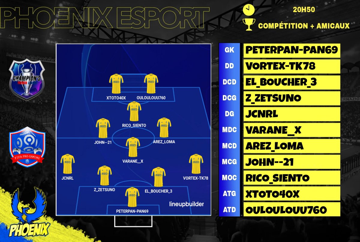 Au programme 📅

3 Match de LDC @French_League_
1 Match de <a href="/FIFAPROGAMINGFR/">FIFA PRO GAMING</a>
1 Match de <a href="/CACP54958388/">CACP</a>

⏰️21h20 : @FirdawsFFF
⏰️21h40 : <a href="/escWesport/">ESC WeSport Academie</a>
⏰️22h00 : <a href="/FAT_MIKE8/">CLUB_FOOT13</a>
⏰️22h20 : <a href="/Kami_Caze_1x/">Kami_Caze_1x</a> 
⏰️22h40 : <a href="/ASPumaEsport/">AS PUMA Esport</a>

Bonne chance à nos adversaires 🔵🟡