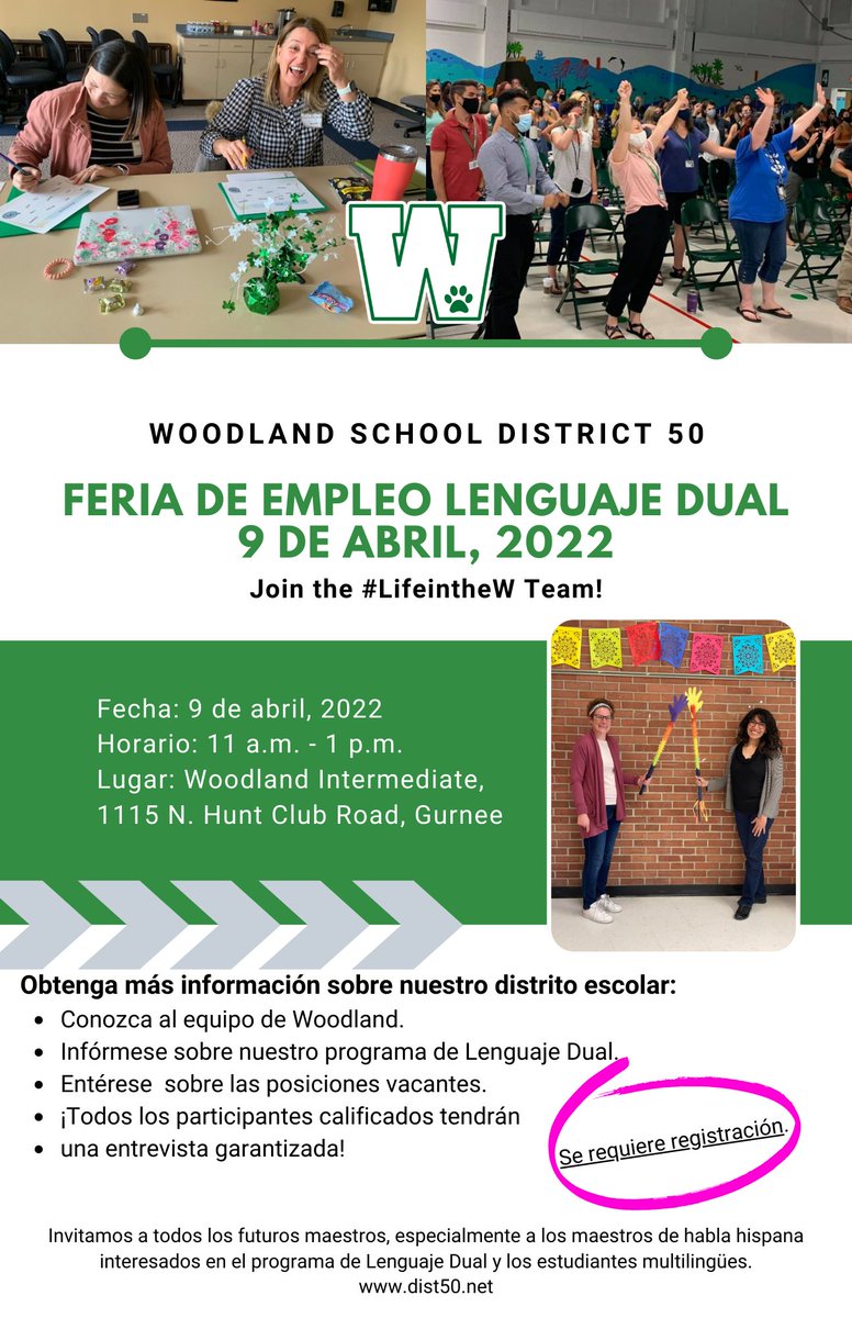 Woodland50News's tweet photo. Woodland will be hosting a Dual Language Career Fair April 9. All prospective teachers are welcome, with a special invitation to Spanish speaking teachers interested in dual language education and multilingual learners. Register HERE:
https://t.co/dQpSotwlEi 
#LifeintheW https://t.co/exPBGAV3OP