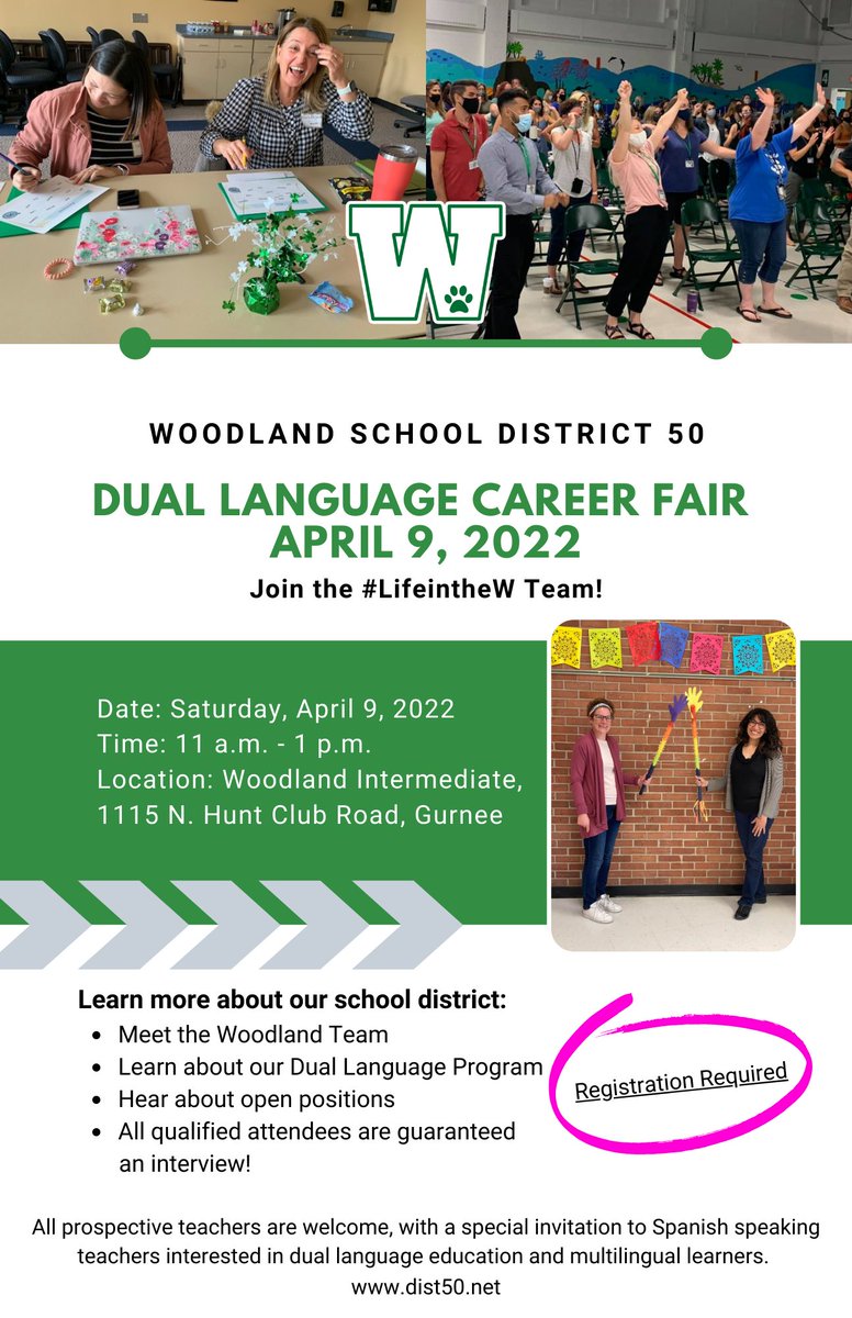 Woodland50News's tweet photo. Woodland will be hosting a Dual Language Career Fair April 9. All prospective teachers are welcome, with a special invitation to Spanish speaking teachers interested in dual language education and multilingual learners. Register HERE:
https://t.co/dQpSotwlEi 
#LifeintheW https://t.co/exPBGAV3OP