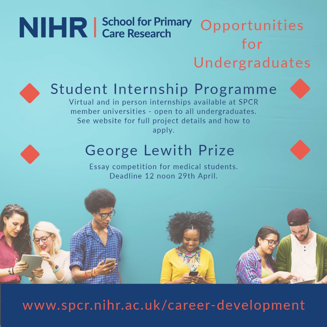ukmedschools's tweet photo. The NIHR School for Primary Care Research has launched two opportunities for Undergraduate students – the Student Internship Programme and the George Lewith Prize.  

Learn more at: https://t.co/K2FLJeXrOX  

#PrimaryCare #Internship #GeorgeLewithPrize https://t.co/iRicfAm1Wy https://t.co/nNQFTIi1sL