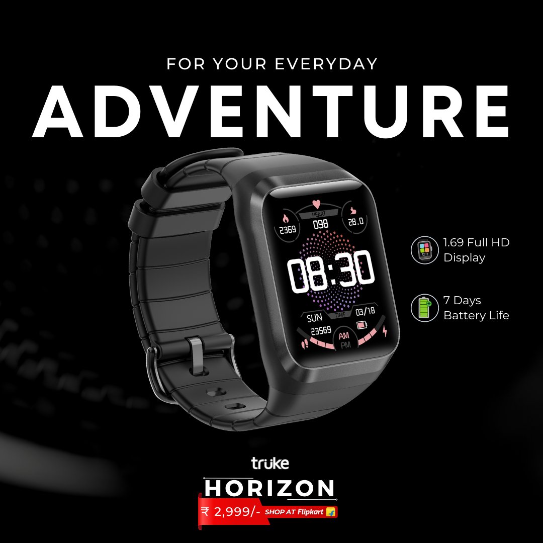 TrukeIND's tweet photo. For your everyday adventure get the all new truke Horizon Smartwatch.
✅43MM (1.69INCH) Full touch Color HD Display
✅300mAh Big Battery up to 7 Days backup
.
Shop at Flipkart Exclusively : https://t.co/XNnCBpU3ft
.
#trukehorizon #smartwatch #trukehorizonw20 #smartwatchs #truke https://t.co/6rmsCVfKyM
