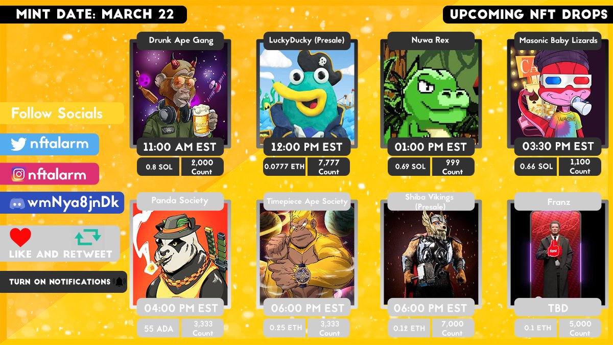 Upcoming NFT drops for March 22!🚨
#NFT #NFTs #NFTCommunity #nftcollector #NFTGiveaway  #NFTdrops #nftdrop #NFTartist @fanzDAO #nftart #SolanaNFTs #ethereumNFTs #nftalarm