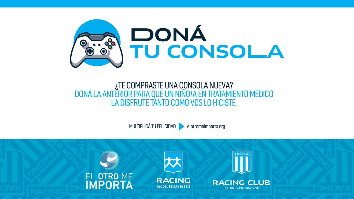 🎮 Doná tu consola de videojuegos y ayudá a los demás 👐

Podes transformar el difícil momento que están atravesando aquellos niños, niñas y adolescentes que se encuentran pasando por un tratamiento oncológico.

MULTIPLICA TU FELICIDAD 💙

#RacingClub #RacingSolidario
