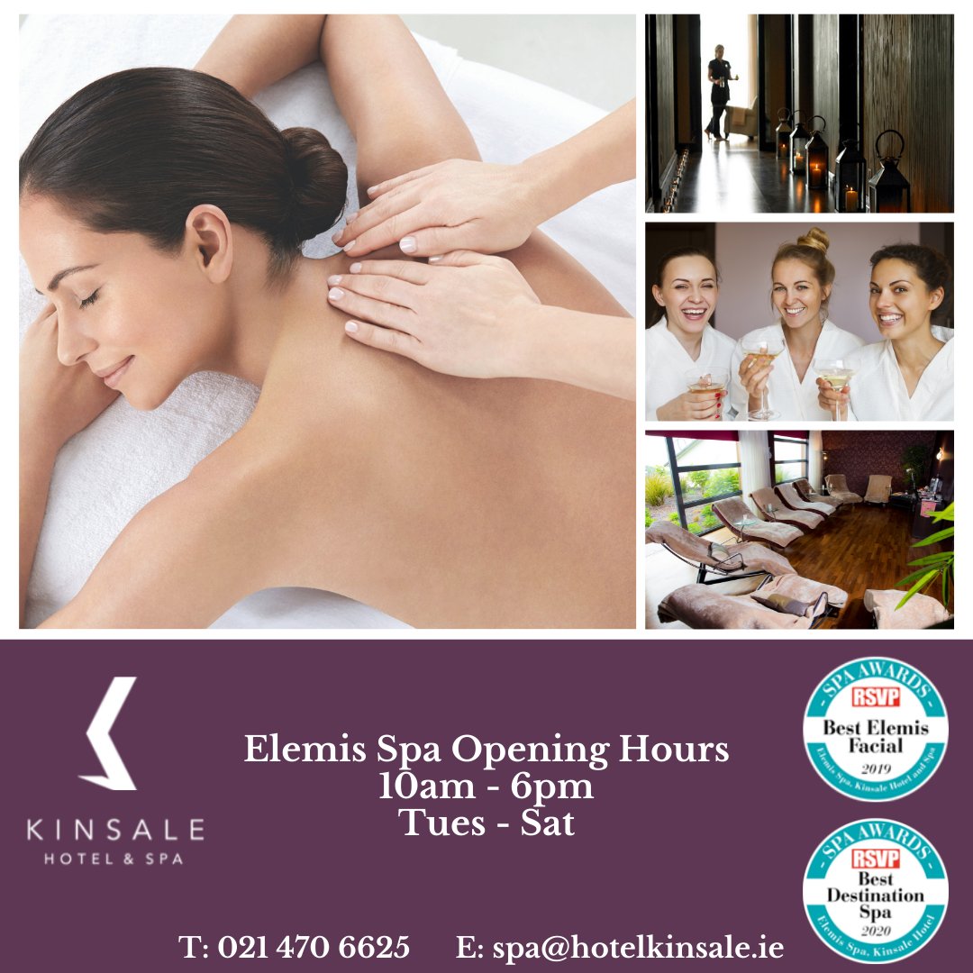 HotelKinsale's tweet photo. In the mood for a little treat? 

Take a look at our updated Elemis Spa opening hours below and give our team a call to discuss your next visit

#spa #elemis #beauty #massage #treat #mothersday #treatideas #treatyourself https://t.co/5IyxvV9vPJ