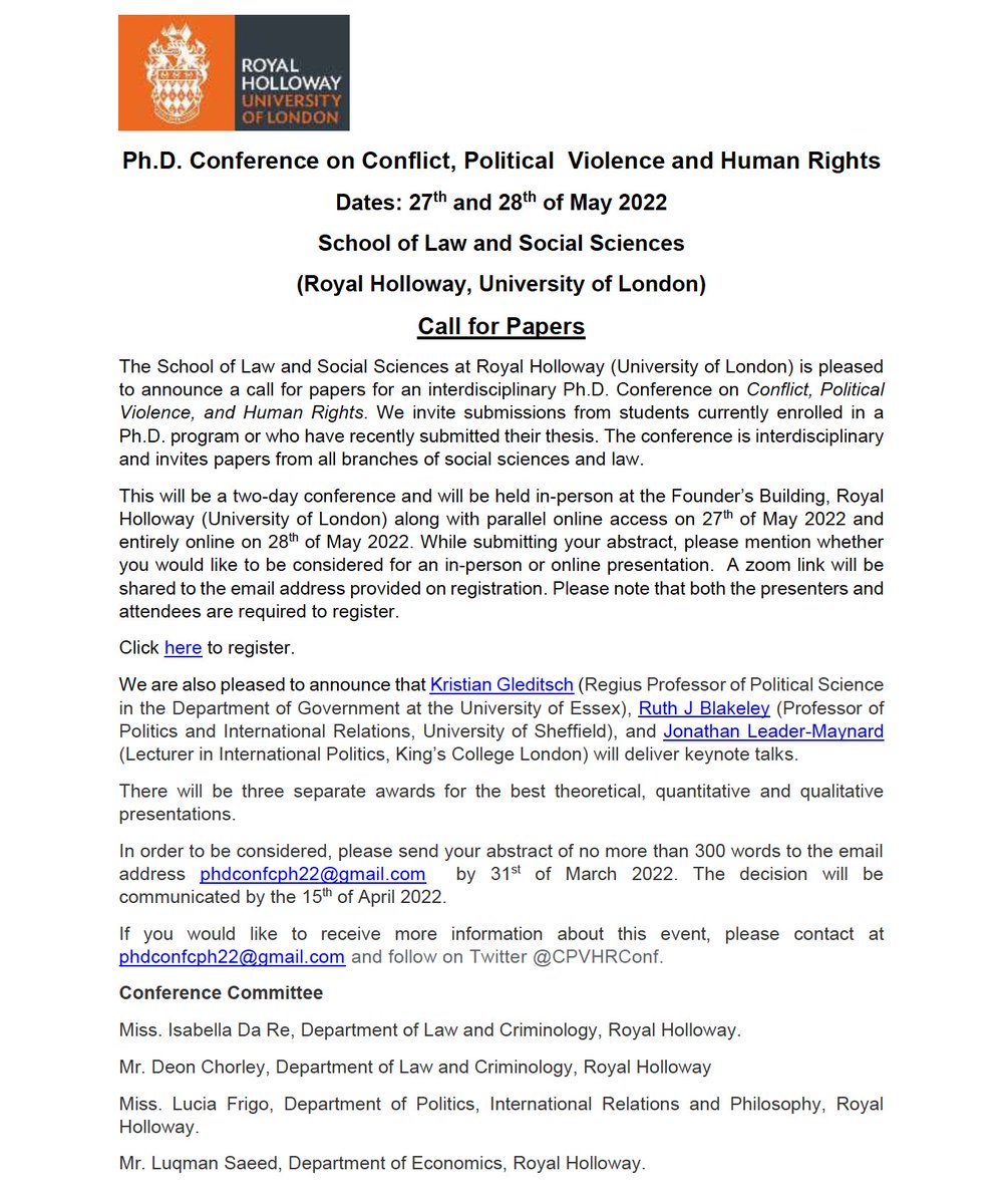 CPVHRConf's tweet photo. 📢⚠️ 10 more days to submit your abstract!  

Are you a PhD student or an early career academic working on #humanrights, #politicalviolence or #conflicts? Read the guidelines below + submit your work!

Know anyone who might be interested? Tag them below ⏬
@ThePhDPlace @PhDForum https://t.co/d9Vg75HVVF