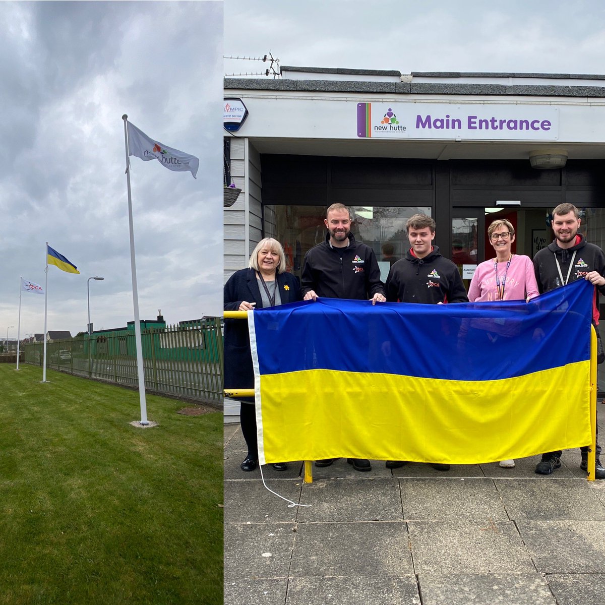 This morning staff and partners across the New Hutte Neighbourhood Centre Site came together to show our support and solidarity for Ukraine. 

The Ukrainian flag now flys proudly at the front of the site, with the proceeds of our flag purchase going to charity.
#standwithukriane