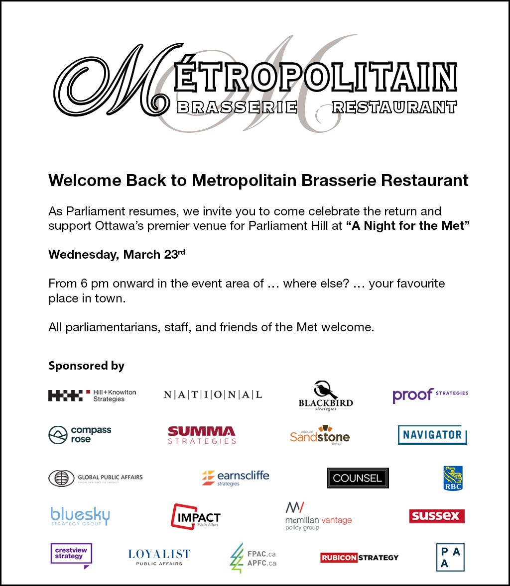 Impact_Canada's tweet photo. We are proud to be joining Ottawa's public affairs community in co-sponsoring A Night for the Met at the @MetroBrasserie_ this Wednesday evening.

We look forward to reconnecting with friends and colleagues. #cdnpoli https://t.co/NVvu8BT2mU