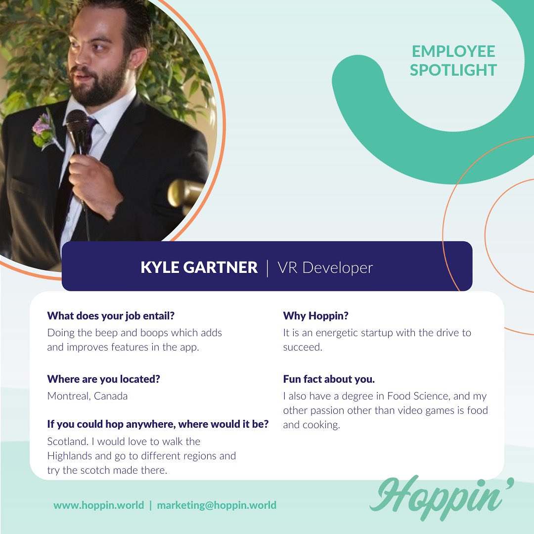 #MeetTheTeamMonday Spotlight on our amazing VR Developer, Kyle Gartner. He does all the “beep and boops” and is a big reason our app is so #Hoppin’ (pun intended)! We are interested to see if any of our followers also love cooking and food! Let us know! 🥘 🍲