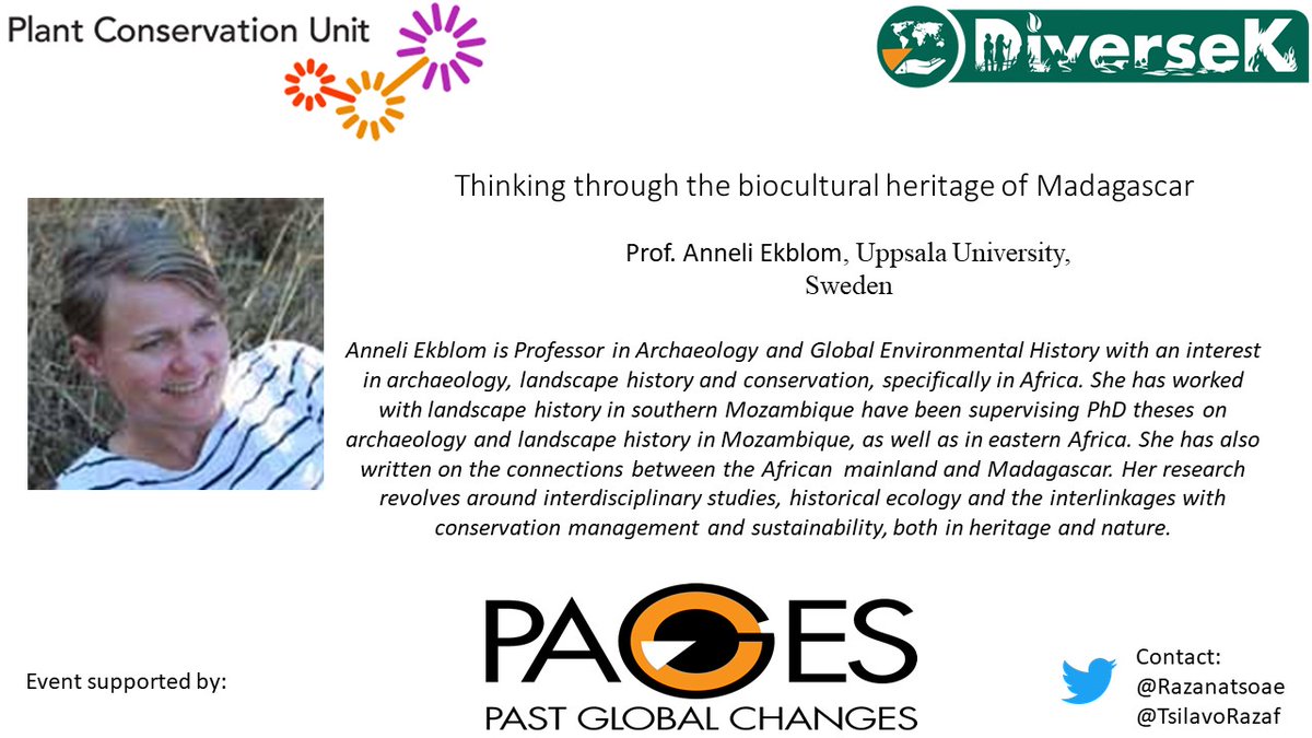 <a href="/PAGES_IPO/">Past Global Changes</a> #DiverseK #Paleo-#Stakeholder Workshop Speaker 9 👇
Anneli Ekblom <a href="/AnneliEkblom/">A.EkblomGEH</a>/ <a href="/EkblomAnneli/">Anneli Ekblom</a> will help visualize #conservation #management and #sustainability in #Madagascar through the lens of #biocultural #heritage.