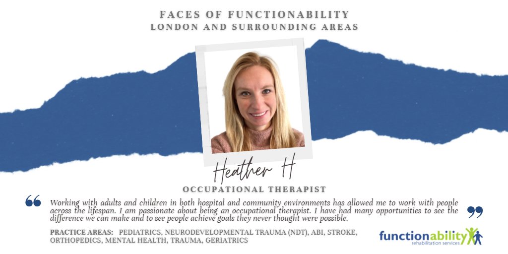 fa_rehab's tweet photo. Meet Heather!  Heather is an OT in the London area whose areas of practice include Pediatrics, Neurodevelopmental Trauma (NDT), ABI, Stroke, Mental Health, Trauma, and Geriatrics.  Heather is passionate about making a difference for her clients. 

#FacesofFunctionAbility #OT https://t.co/sHMZOAzyxx