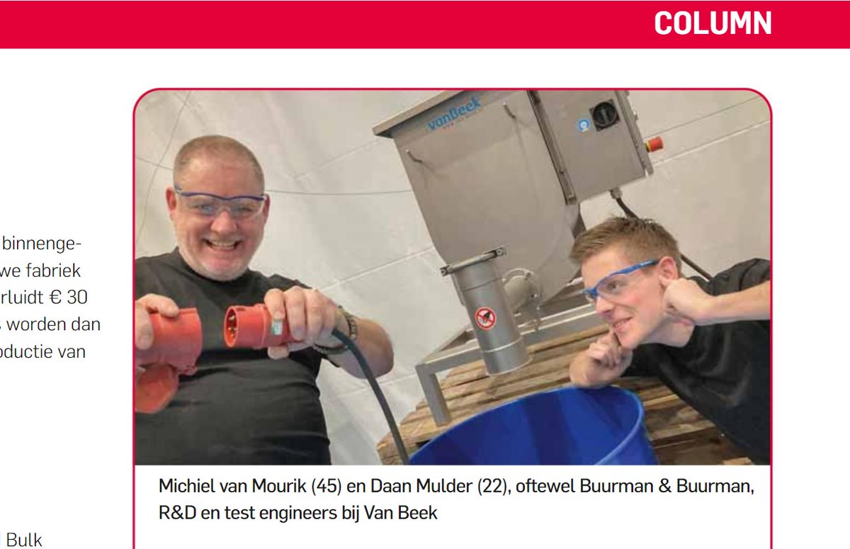 vanbeekschroef's tweet photo. Hebben jullie de column in de nieuwe Solids Processing van ons R&amp;D duo al gezien?
Zij zijn een goed voorbeeld van hoe een jonge en een ervaren medewerker het beste in in elkaar naar boven brengen.

https://t.co/W42bYORXqi

#VanBeek #schroeftransport #screwconveyors https://t.co/OjanVgDhOl