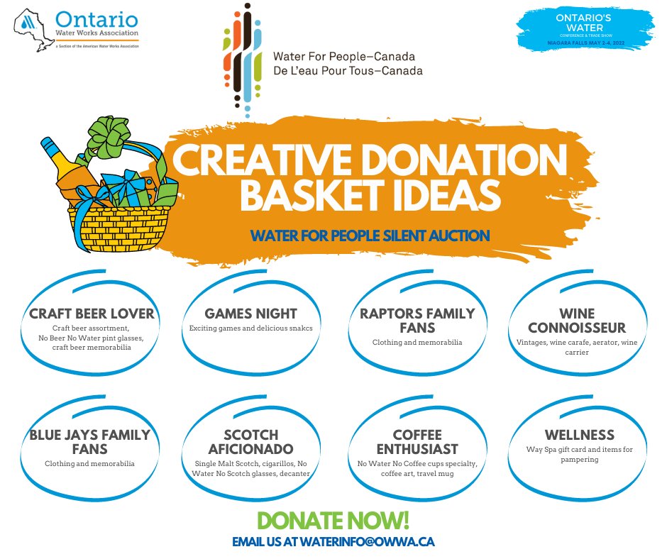 The OWWA Water For People Committee's Silent Auction is back in-person and seeking donations! 

The auction will be live on-site at Ontario's Water Conference &amp; Trade Show on May 3rd! Donations can be sent to waterinfo@owwa.ca 

#Water22 <a href="/OWWA_WFPCanada/">OWWA WFP-Canada</a> <a href="/WFP_CA/">Water For People-Canada</a>