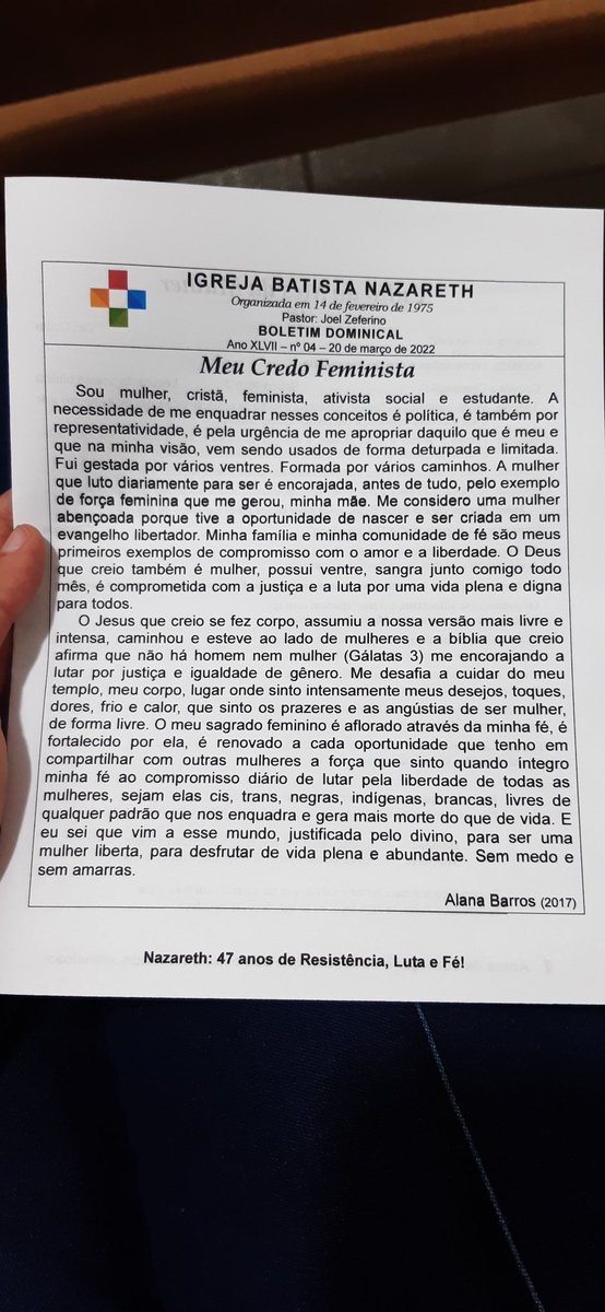 aliancabatistas's tweet photo. Texto de uma de nossas jovens, @barrossalana , membra da Igreja Batista do Pinheiro (Maceió/AL), no Boletim da Igreja Batista Nazareth (Salvador/BA) de ontem! 

✊🏽💜 https://t.co/in3JFthPxj