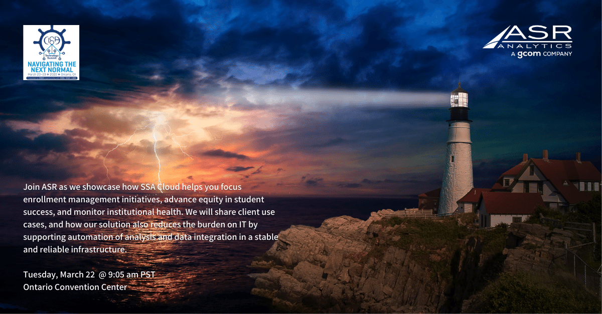 GcomSoftwareInc's tweet photo. Join ASR a GCOM Company, Tuesday, March 22 at the CISOA Technology Summit, as we showcase how SSA Cloud helps you focus enrollment management initiatives, advance equity in student success, and monitor institutional health. 

Register today: https://t.co/GMKShsnmIa https://t.co/bAXN8BtkOY
