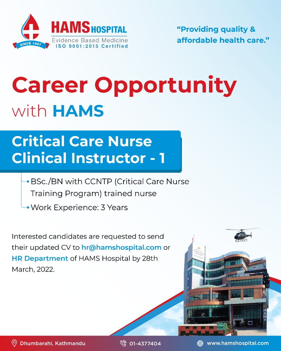 HAMSHospital's tweet photo. "VACANCY ANNOUNCEMENT"
Exciting Career Opportunity With HAMS Hospital..

#Vacancy #HAMSHospital #DhumbarahiKathmandu
#Trusted_and_Advanced 
#ProvidingQualityAndAffordableHealthcare https://t.co/TfB4M5FgY8