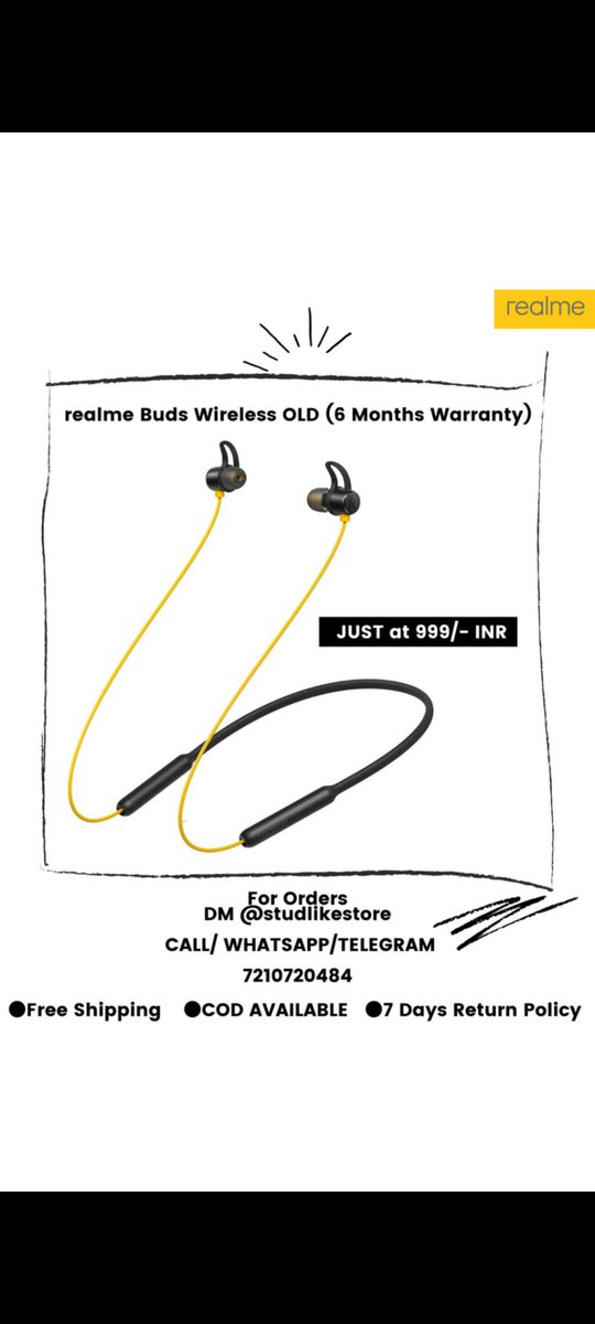 Stud_like's tweet photo. Refurbished realme Buds Wireless in-Ear Bluetooth with mic (Yellow) 
6 Months Seller Warranty
Just at ₹999/-

Purchase Link : https://t.co/0yBh59mYVU

FREE SHIPPING 
COD AVAILABLE 
Easy Replacement

#realmebuds #realmebudsair #realmebudsairneo #realmebudsq #realmebudswireless https://t.co/wg4qpEHsNQ