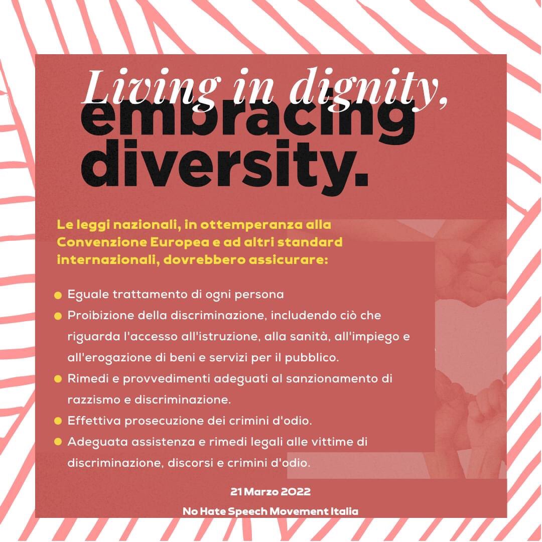 🤝Giornata Internazionale per l'Eliminazione della Discriminazione Razziale.🤝 Insieme al progetto #WECAN4HRS guidato dal @CoE_Antidiscrim vogliamo offrire qualche estratto delle Raccomandazioni <a href="/ECRI_CoE/">European Commission against Racism and Intolerance</a>, così che possa aiutare l'attivismo anti-razzista 👉 #noallodio #stopracism