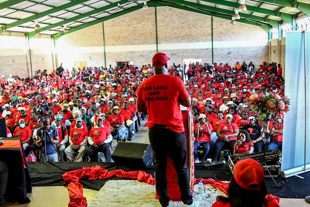 EFFSouthAfrica's tweet photo. [In Pictures]: SG @DlaminiMarshall addressing the EFF Uitenhage Massacre Commemoration Rally today.

It is a fact of history that people died when the merciless Apartheid government shot innocent and unarmed people, killing and injuring and scarring others for life. https://t.co/LCQKSN1KM5