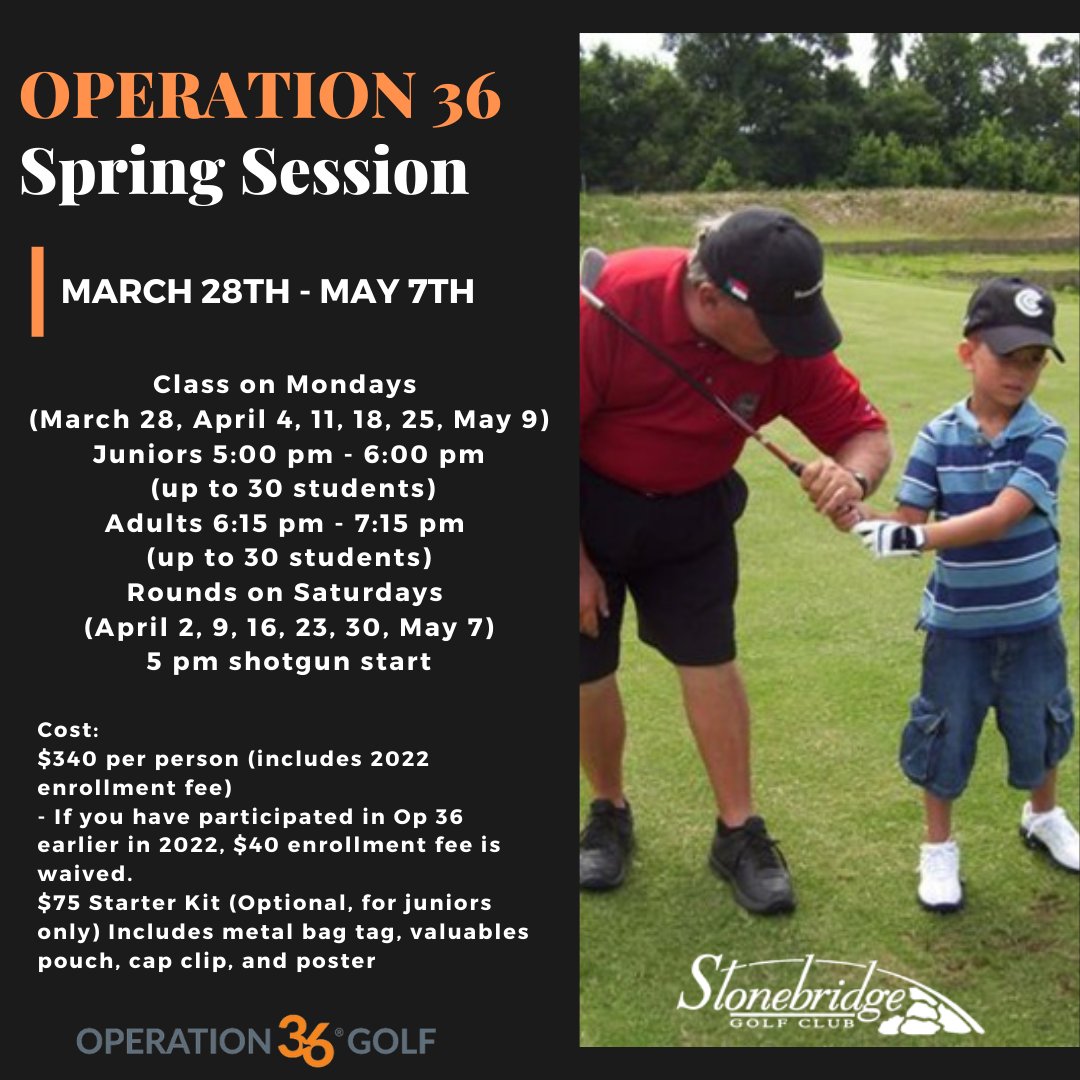 Stonebridge_GC's tweet photo. Operation 36 is the most effective developmental program to introduce and guide anyone in playing the game of golf!
 Sign up for our spring session now 👉 https://t.co/9zEb9CRL3m

 #StonebridgeGolfClub https://t.co/VvCoRmd7rL