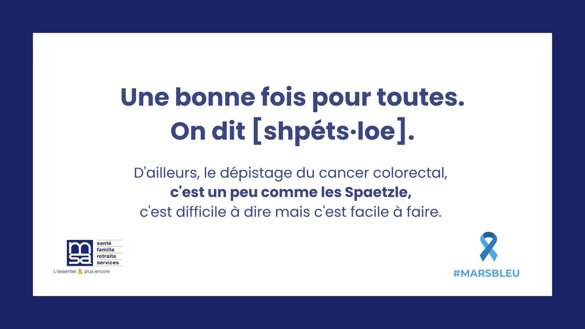 MSAAlsace's tweet photo. 🔵Un test simple et rapide, qui peut vous sauver la vie. Vous avez entre 50 et 74 ans : n’attendez plus, et commandez gratuitement un kit de dépistage sur https://t.co/9RZcGsH24R
Pour en savoir plus👉https://t.co/bn8ifhzIwc
#MarsBleu #Depistage #CancerColorectal
@Institut_cancer https://t.co/lab6KxVMDA