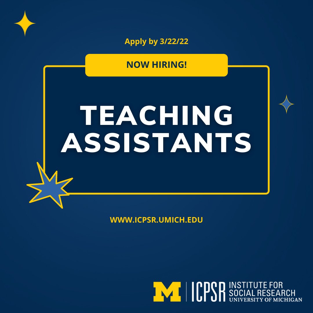ICPSR's tweet photo. Applications due tomorrow (3/22)! Apply now to be a Teaching Assistant for ICPSR's Summer Program, learn more at https://t.co/wxqtJuP63s.
#NowHiring #HigherEdJobs #GradStudentJobs #DataJobs @ICPSRSummer https://t.co/AEFWuxCmc5