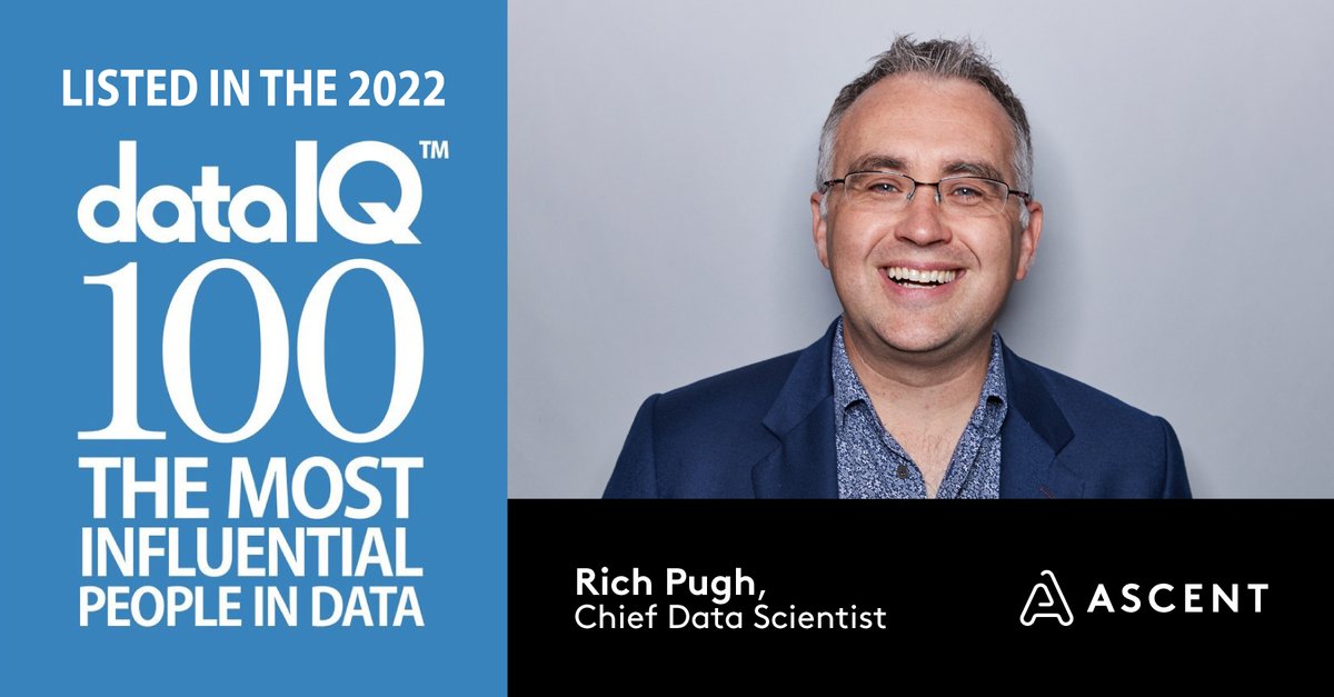 We_Are_Ascent's tweet photo. Congratulations to Rich Pugh, Ascent’s Chief Data Scientist, who has made the #DataIQ100 list of the most influential practitioners of data and analytics for the 3rd year in a row. Read about Rich’s path to prominence: https://t.co/ylI6OxtgxT #DataIQ100 #datadriventransformation https://t.co/ijX5jcNLoP