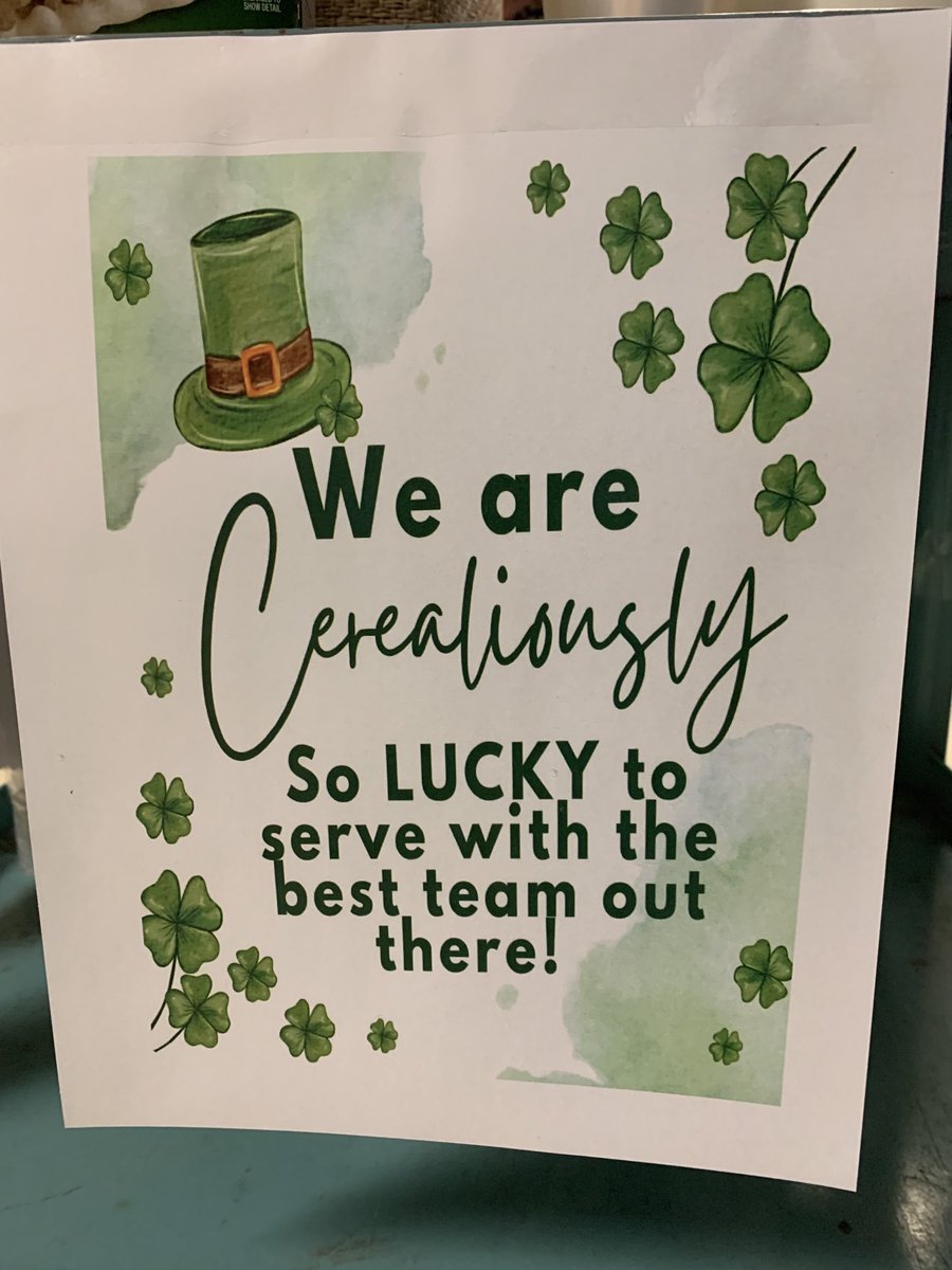 CMSsocialst8's tweet photo. Lucky Day at CMS! 🍀 Mrs. Corson is treating staff with lucky cereal to get us started back from spring break AND we are lucky to have Pickett joining the CMS team with Mrs. Vaughn! 🍀 #CardinalPride ⁦@CMSCardinals⁩ ⁦@ClintonMoCards⁩ https://t.co/naT4xmV7Co