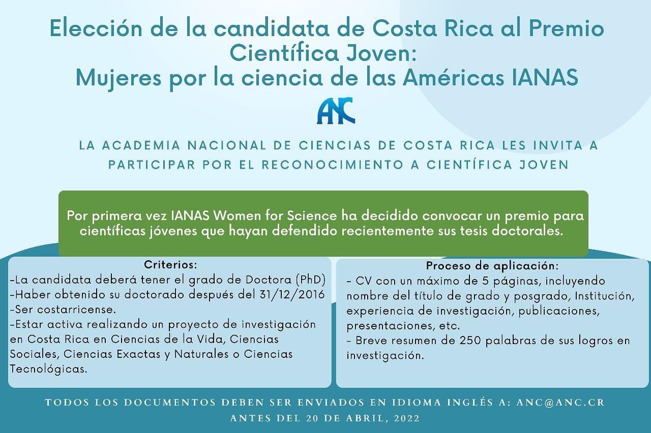 ANC Costa Rica on X: ✨Les invitamos a participar por el Premio a la  Científica Joven: Mujeres por la Ciencia en las Américas IANAS✨#IANAS  CONVOCATORIA PARA ELEGIR LA CANDIDATA COSTARRICENSE Más información