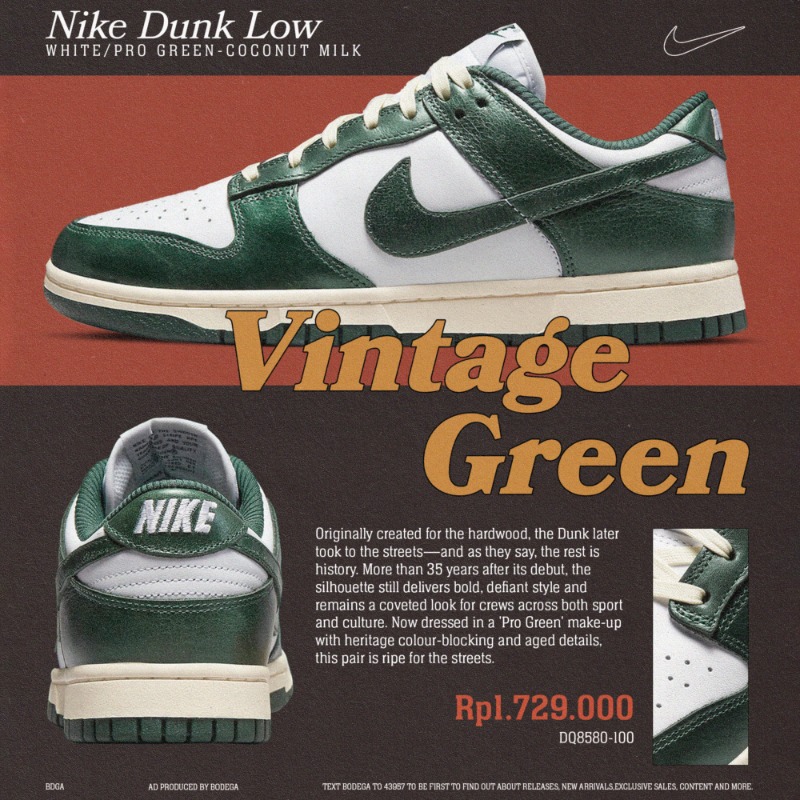 bodega's tweet photo. Women's Nike Dunk Low "Vintage Green" release Thursday, 3/24 ($100 - Sizes 5-10 Women's) • The online raffle is live now and ends tomorrow, 3/22 at 5pm EST. Click the image to enter now - #nike #bodega